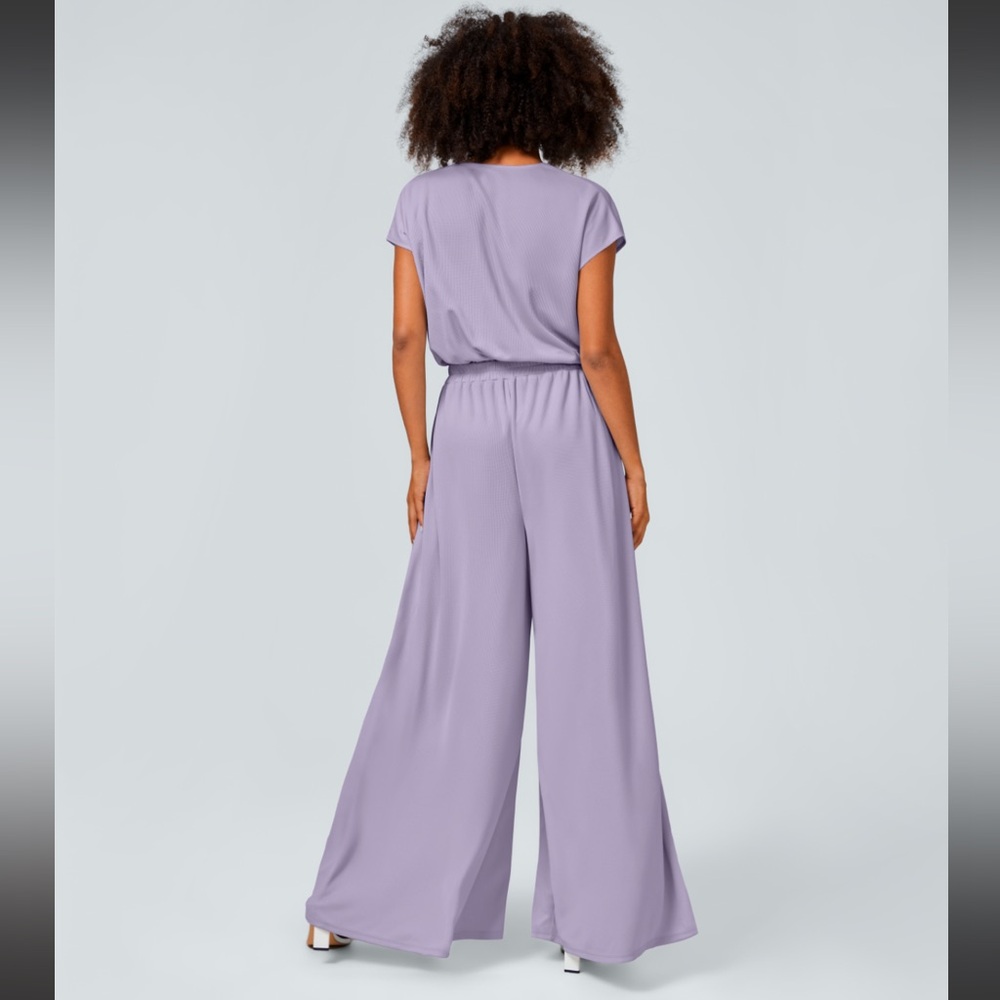 V Neck Short Sleeve Side Pocket Wide Leg Flowy Waffle Casual Jumpsuit | S Petite - Picture 2 of 16